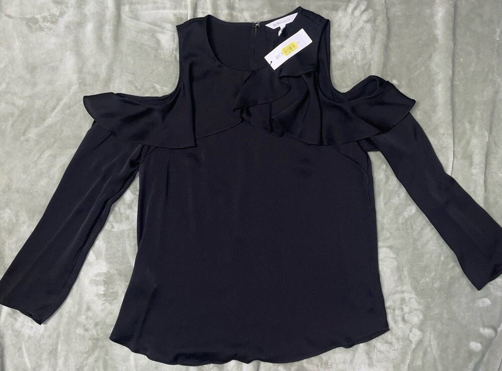 NWT! BCBGeneration Black Cold Shoulder Ruffle Long Sleeve Blouse Top (LARGE)